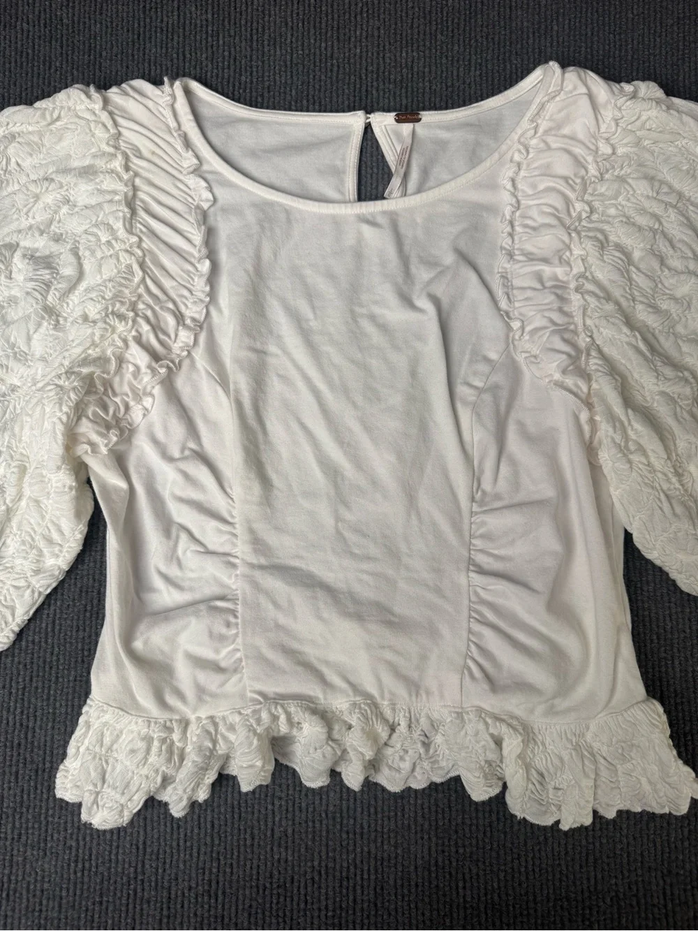 Free People Ivory Textured Puff Sleeve Peplum Blouse Size M